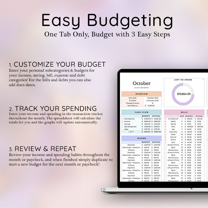 Simple Budget, Monthly, Weekly, Annual Budget, Savings Tracker, Calendar for Bills