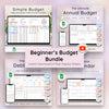 Beginner's Budget Bundle, Monthly and Annual Budget, Bill Calendar, Debt Payoff Planner, Savings Challenge, To-do List