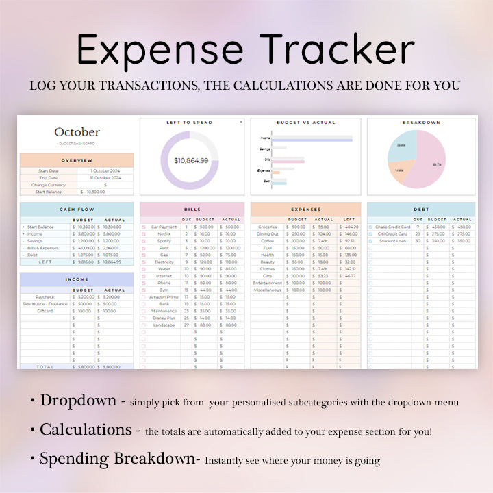 Simple Budget, Monthly, Weekly, Annual Budget, Savings Tracker, Calendar for Bills