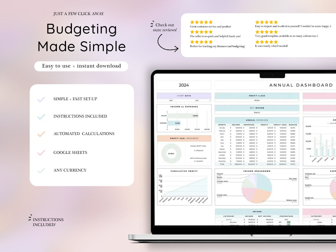 Annual Budget Spreadsheet for Google Sheets, Budget Planner and Template, Tracker, Personal Budget