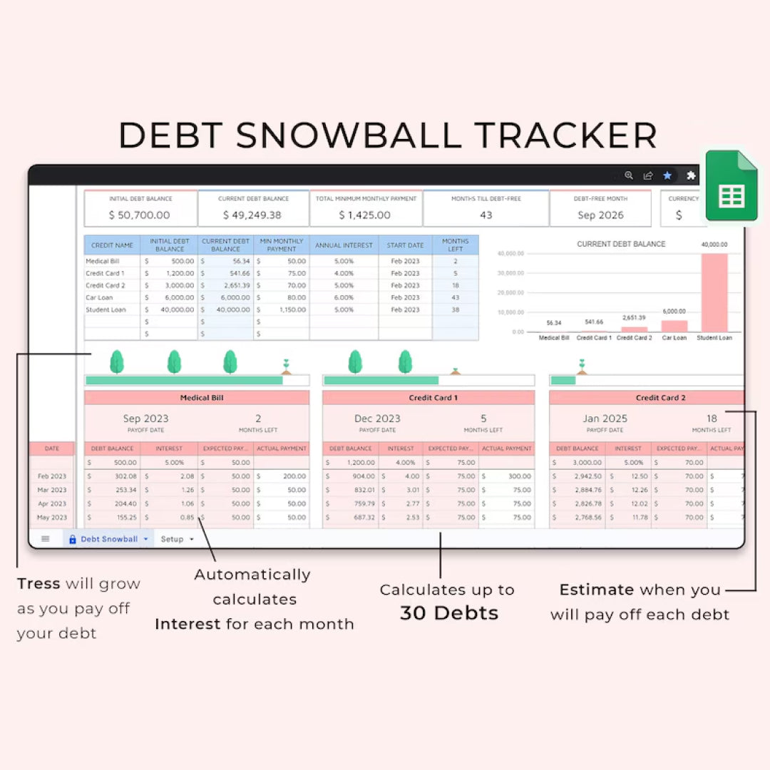 Debt Payoff & Monthly Budget Tracker, Google Sheets, Debt Snowball, Bill and Debt Tracker, Budget Planner