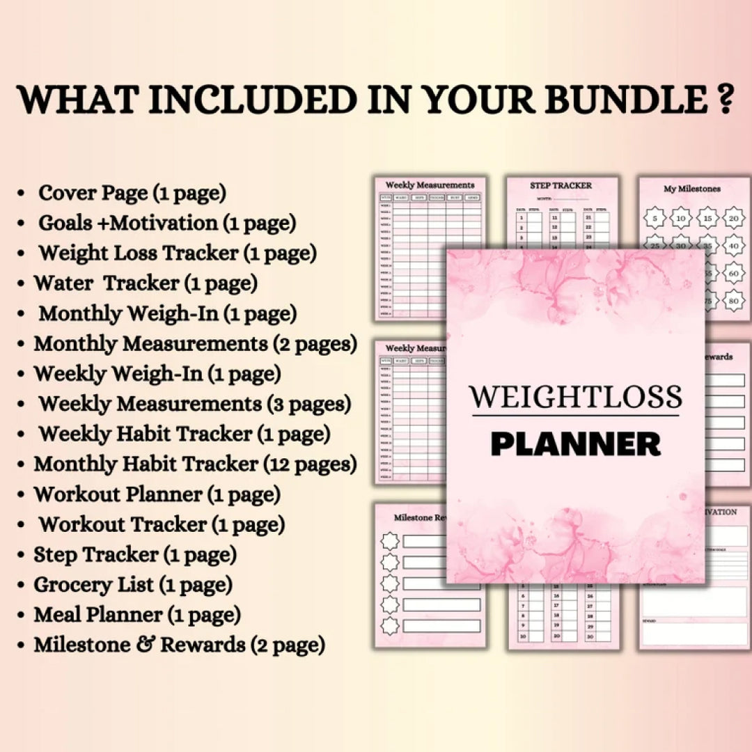 Weight Loss Planner Bundle, Weight Loss Tracker PDF, Instant Download Fitness Tracker, Calories Calculator