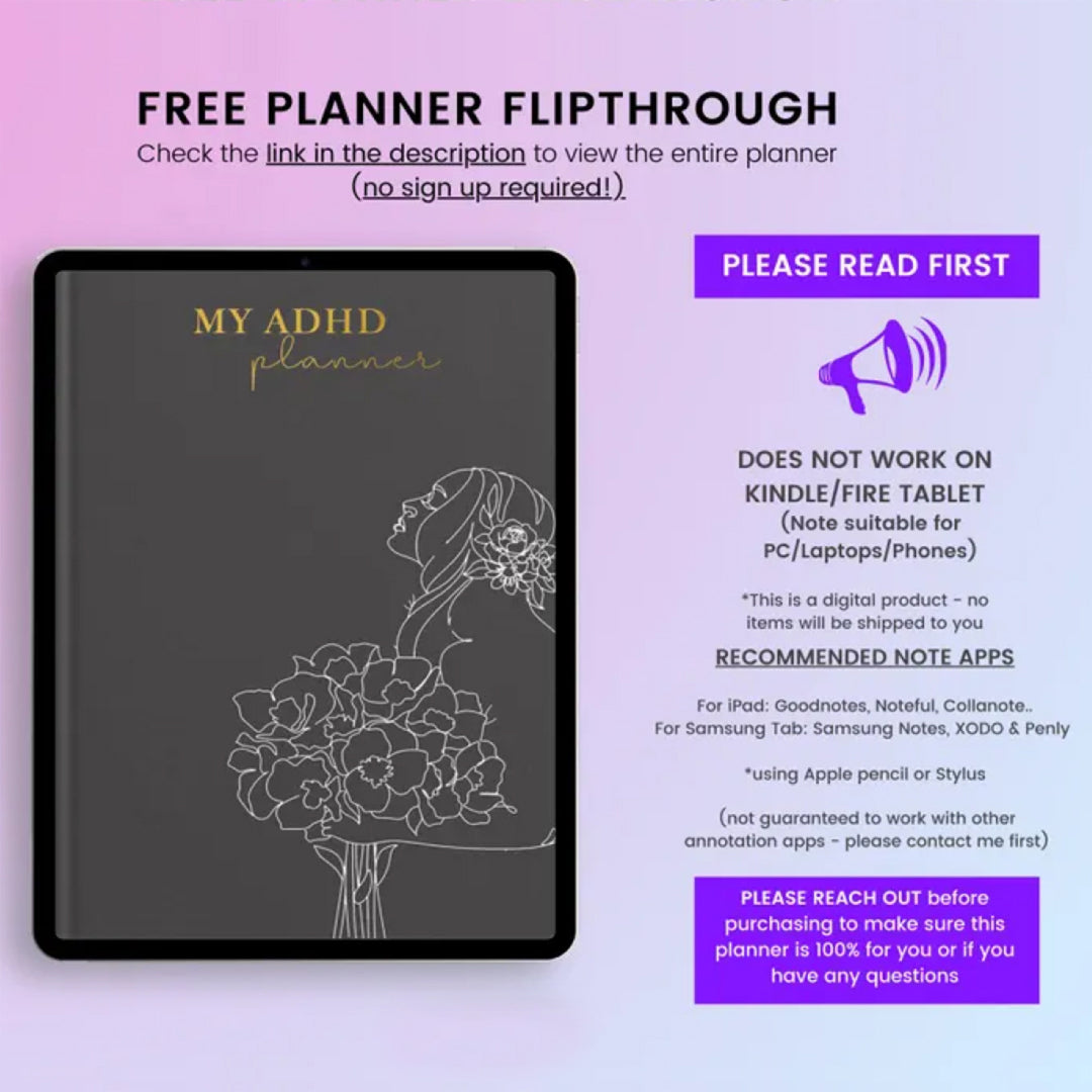 ADHD Planner, All in One Digital Planner, 2025, Daily, Weekly, Monthly