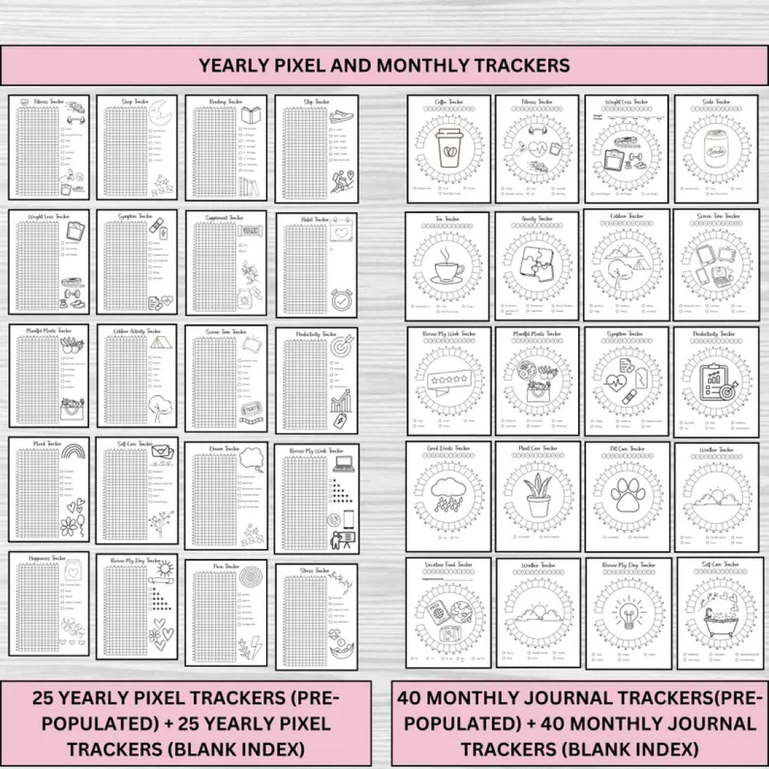 2025 Mega Bullet Journal Bundle, 300+ Printable Pages with Habit Trackers, Planners, Mood Trackers, Self-Care, US Letter Size, A4,A5