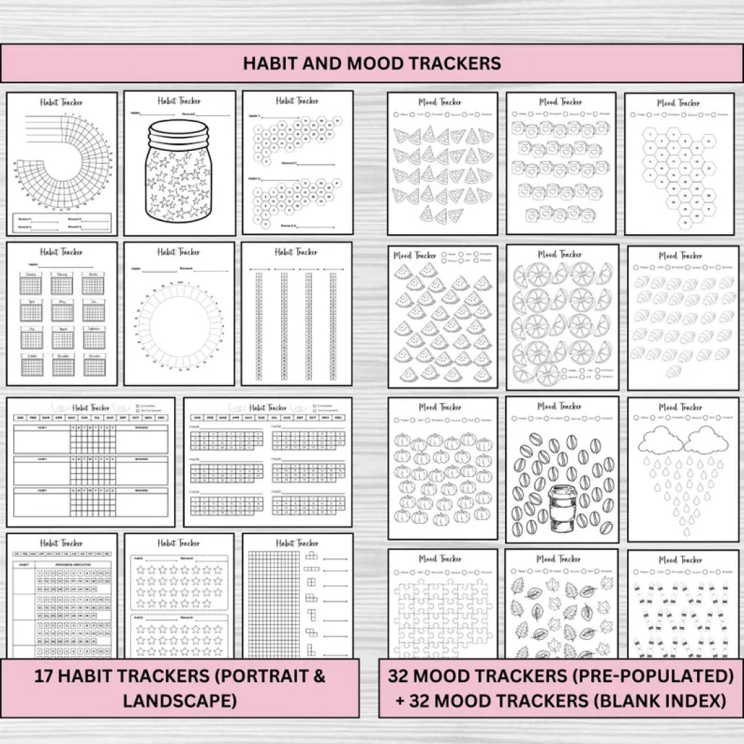 2025 Mega Bullet Journal Bundle, 300+ Printable Pages with Habit Trackers, Planners, Mood Trackers, Self-Care, US Letter Size, A4,A5