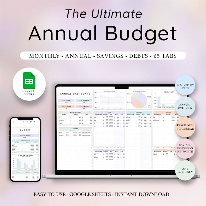 Beginner's Budget Bundle, Monthly and Annual Budget, Bill Calendar, Debt Payoff Planner, Savings Challenge, To-do List