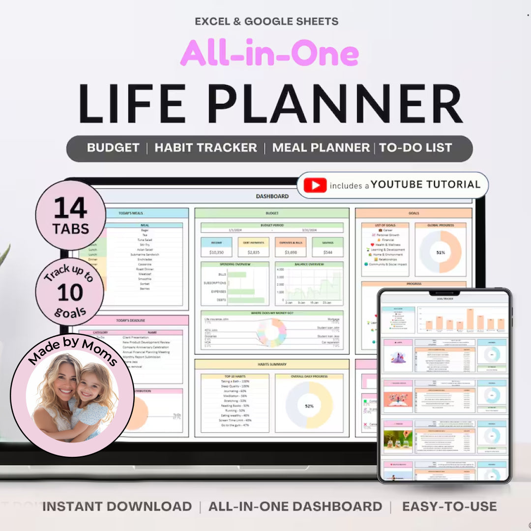 Life Planner, Digital Organizer, Budget Tracker, To-Do List, Meal Planner, New Goal Tracker